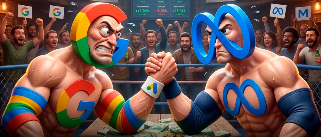Google e Meta representados em disputa visual, simbolizando a decisão estratégica sobre onde investir o orçamento de mídia do negócio
