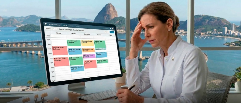 Dentista em consultório moderno analisando agenda e demanda de pacientes